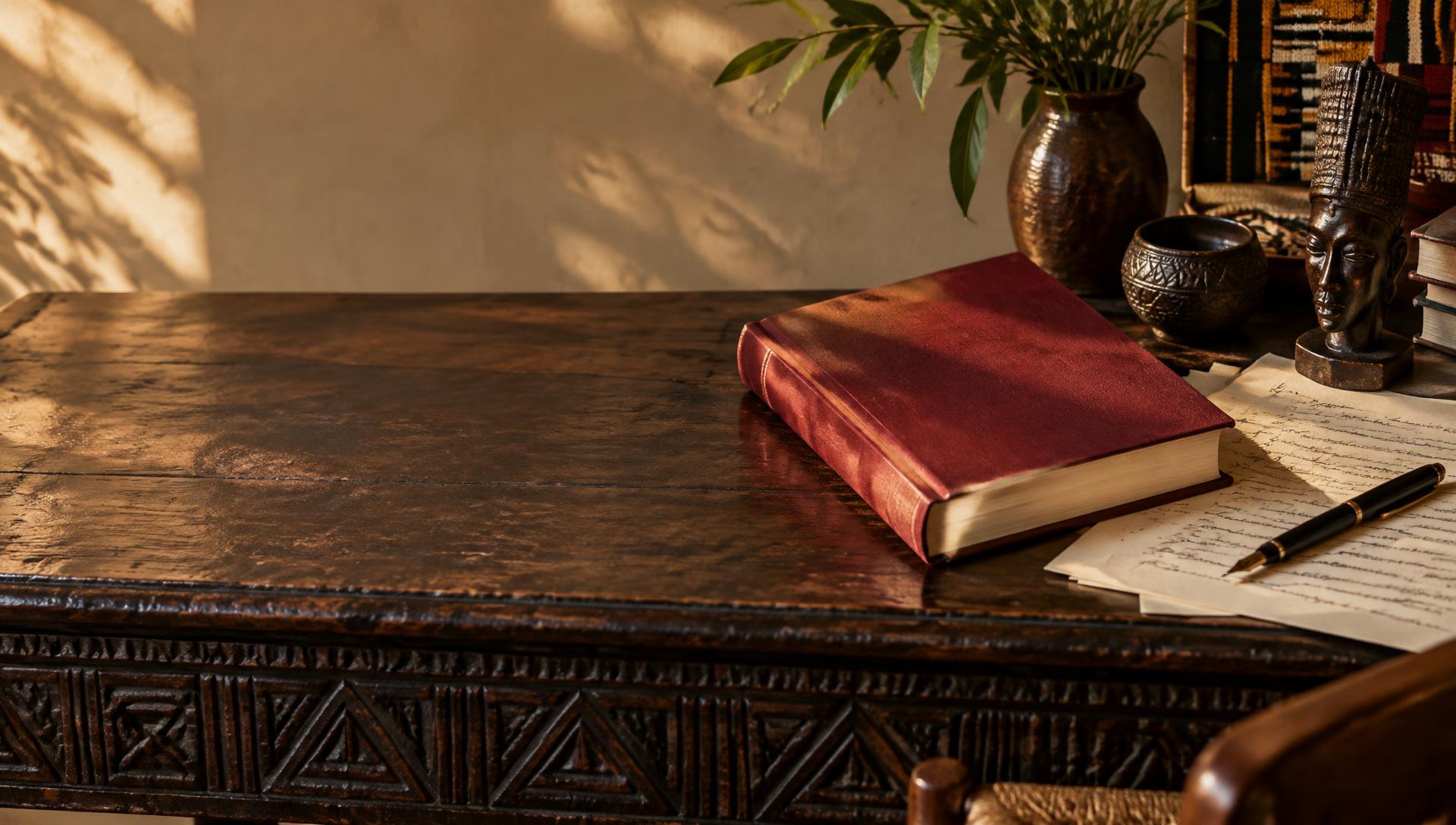A clothbound book and manuscript pages on a carved wooden writing desk