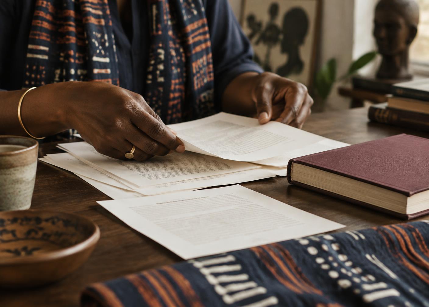 Manuscript pages beside a clothbound book